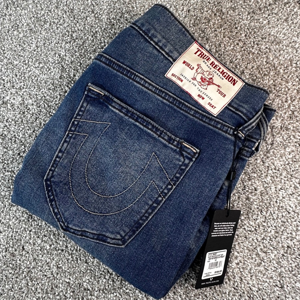 True Religion Ricky Rip Repair Relaxed Straight Jeans Men 33 Blue Comet Wash NEW